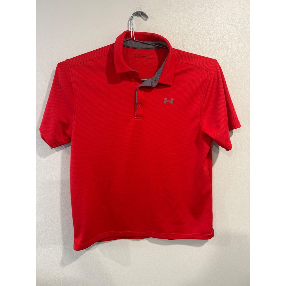 Under Armour‎ Mens XL Red HeatGear Loose Fit Short Sleeve Textured Polo Shirt